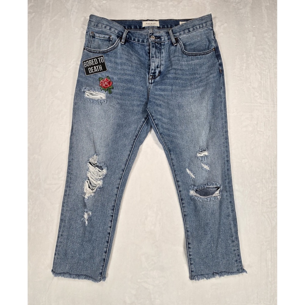 PacSun Girlfriend Jeans Size 30 Distressed Patched Light Wash Button Fly Cropped